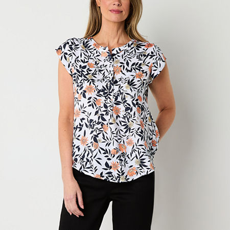 Liz Claiborne Womens Crew Neck Short Sleeve Satin Blouse