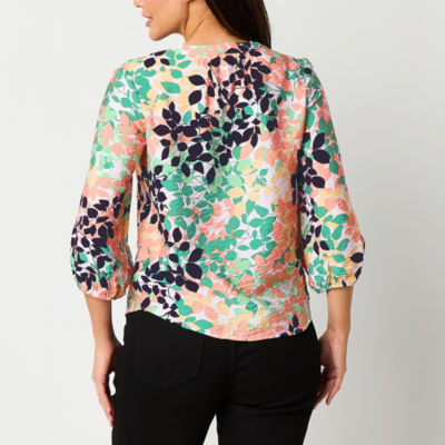 Liz Claiborne Womens Split Crew Neck 3/4 Sleeve Fitted Regular Fit Button-Down Shirt