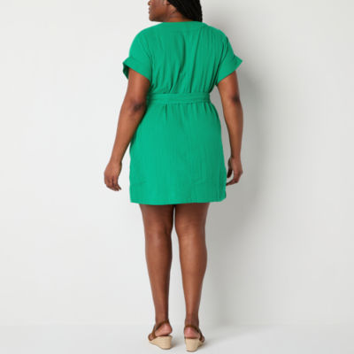 St. John's Bay Womens Plus Belted Short Sleeve Shift Dress