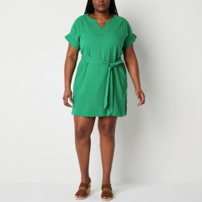 St. John's Bay Womens Plus Belted Short Sleeve Shift Dress