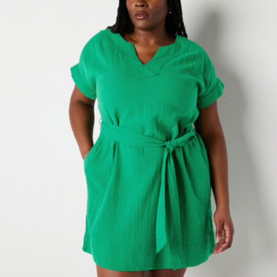 St. John's Bay Womens Plus Belted Short Sleeve Shift Dress