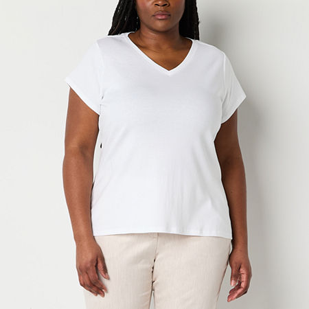 Liz Claiborne Womens V Neck Short Sleeve Plus T-Shirt, 5x, White