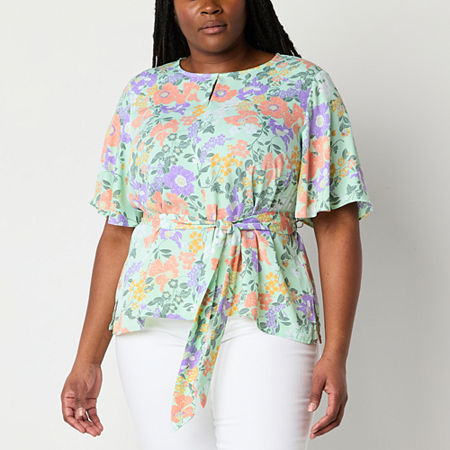Liz Claiborne Plus Womens Round Neck Elbow Sleeve Satin Blouse, 3x, Green