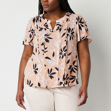 Liz Claiborne Plus Womens Split Crew Neck Short Sleeve Blouse, 3x, Beige