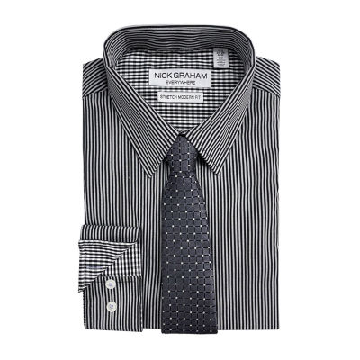 Nick Graham Mens Striped Point Collar Long Sleeve Stretch Fabric Shirt + Tie Set