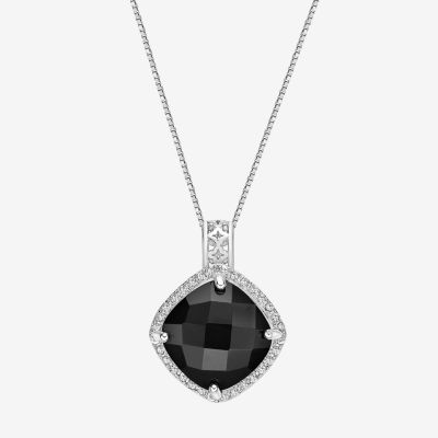 Womens Genuine Black Onyx Sterling Silver Cushion Pendant Necklace