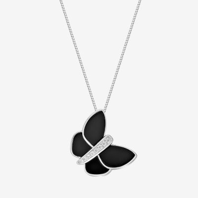 Womens Genuine Black Onyx Sterling Silver Butterfly Pendant Necklace