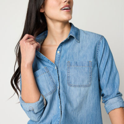 a.n.a Womens Long Sleeve Regular Fit Button-Down Shirt