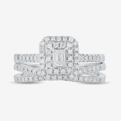 (H-I / Si1-Si2) Womens 1 CT. T.W. Lab Grown White Diamond 14K Gold Side Stone Halo Bridal Set