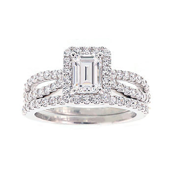 POMODA 2CT Engagement Rings for Women CZ Silver Wedding Ring Sets Emerald Cut Bridal Rings Sets Cubic Zirconia Promise Rings for Her Size 4-10 