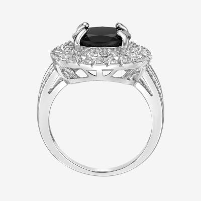 Womens Genuine Black Onyx Sterling Silver Oval Halo Cocktail Ring