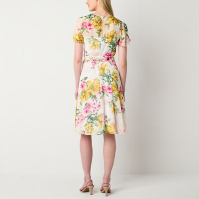 Jessica Howard Womens Short Sleeve Floral Midi Fit + Flare Dress