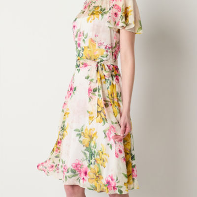 Jessica Howard Womens Short Sleeve Floral Midi Fit + Flare Dress