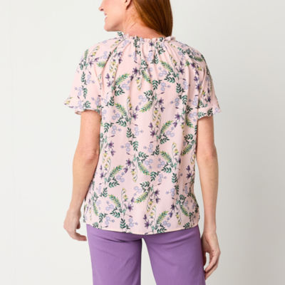 Liz Claiborne Womens Split Tie Neck Short Sleeve Blouse