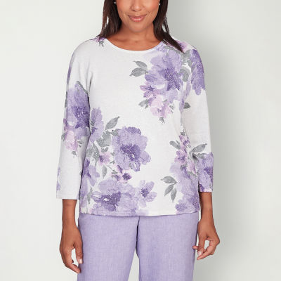 Alfred Dunner Isn'T It Romantic Womens Round Neck 3/4 Sleeve Floral Pullover Sweater