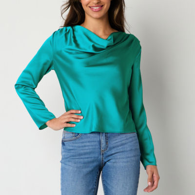 Bold Elements Womens Cowl Neck Long Sleeve Satin Blouse