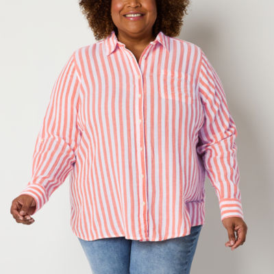 St. John's Bay Plus Womens Long Sleeve Relaxed Fit Button-Down Shirt