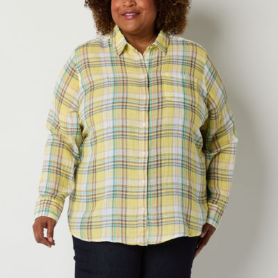 St. John's Bay Plus Womens Long Sleeve Relaxed Fit Button-Down Shirt