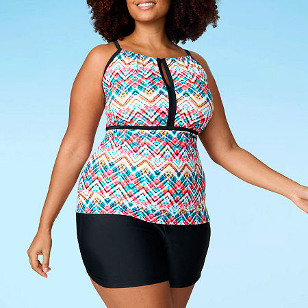Free Country Womens Built in Bra Stretch Fabric Abstract Plus Tankini Swimsuit Top, 1x, Black