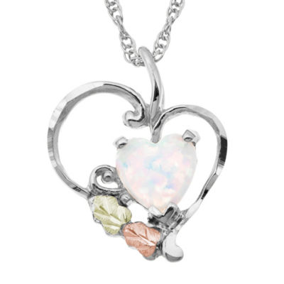 Black Hills Gold Landstroms Womens Lab Created White Opal Sterling Silver Heart Pendant Necklace