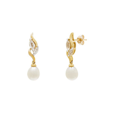 White Cultured Freshwater Pearl 10K Gold Drop Earrings