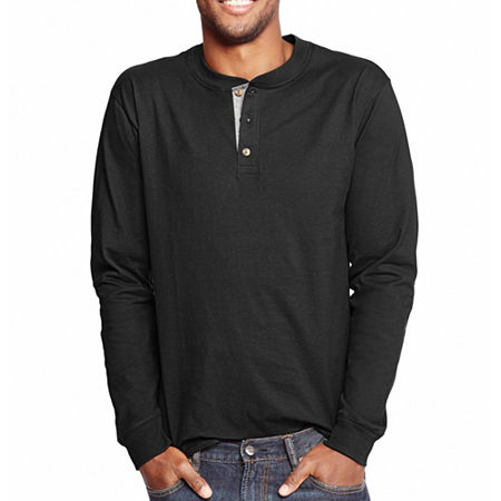 Hanes Mens Heavyweight Beefy-T Long Sleeve Henley, Large, Black