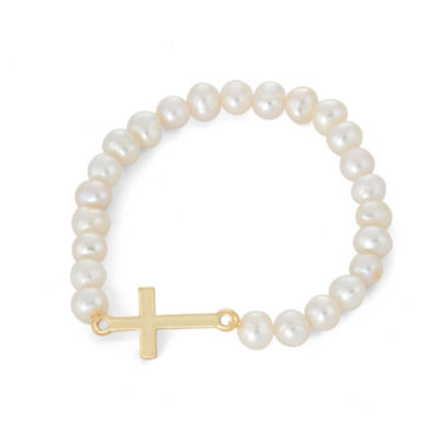 Cultured Freshwater Pearl 10K Gold Over Brass Cross Stretch Bracelet