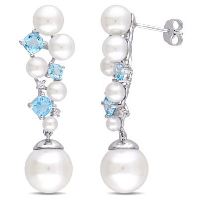 Womens Diamond Accent White Cultured Freshwater Pearl Sterling Silver Drop Earrings