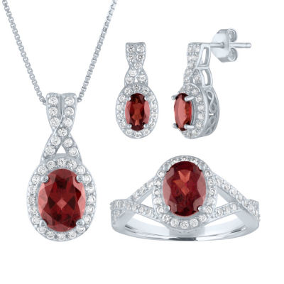 Genuine Red Garnet Sterling Silver 3-pc. Jewelry Set