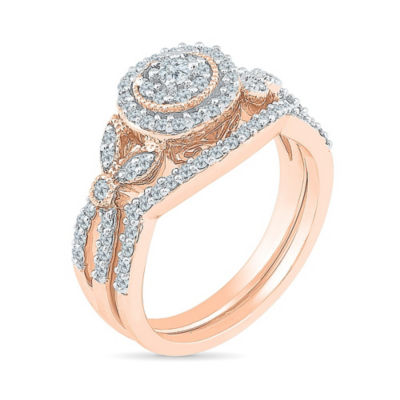 Womens 1/2 CT. T.W. Natural White Diamond 10K Rose Gold Round Side Stone Halo Bridal Set