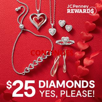$25 ea. 1/10 ct. t.w. diamonds  In sterling silver or 14K gold over silver. Limited time special. Excluded from coupons & rewards. reg. $124.98 ea.