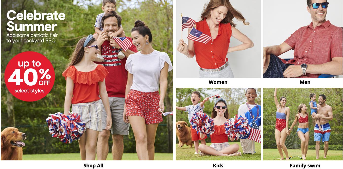 Celebrate  Summer Add some patriotic flair to your backyard BBQ. up to 40% off select styles. men women kids family swim shop all