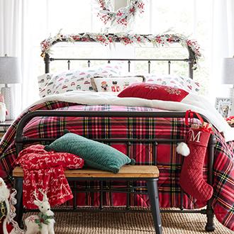 Cozy Time Greet your guests with beautiful holiday  bedding, pillows, throws and more.