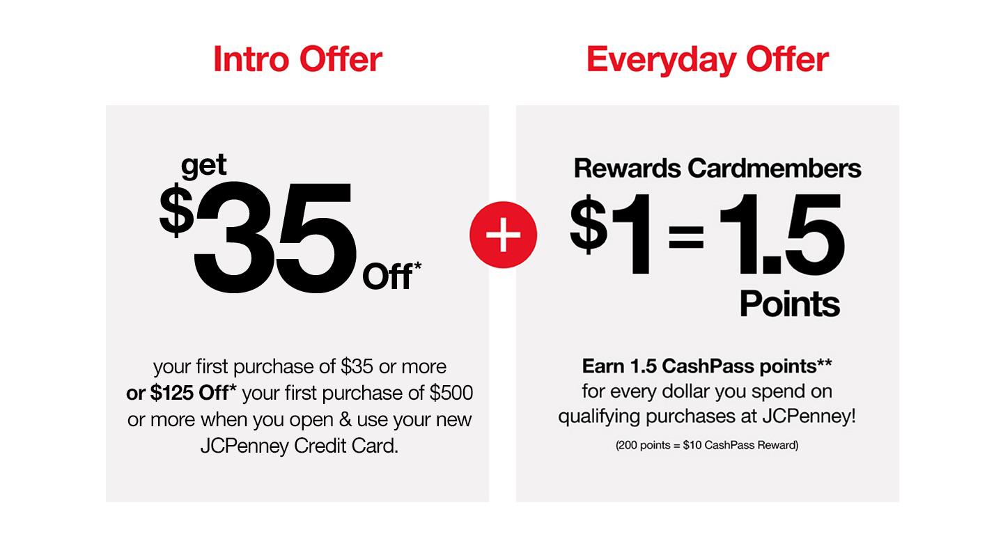 Get $35 Off* your first purchase of $35 or more or $125 Off* your first purchase of $500 or more when you open & use your new JCPenney Credit Card.