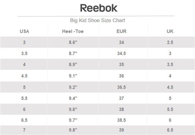 Reebok big store kid size chart