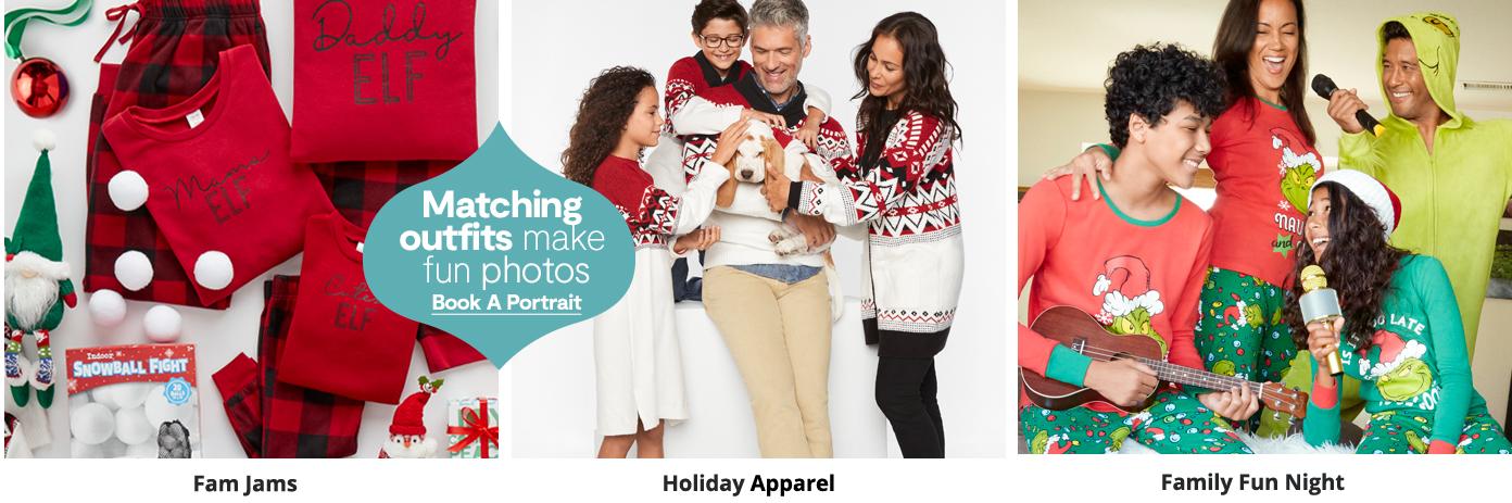 Matching outfits make fun photos book a portrait fam jams holiday apparel family fun night
