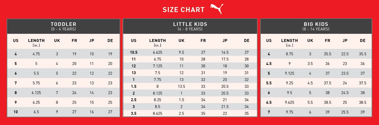 Puma little kid store size chart