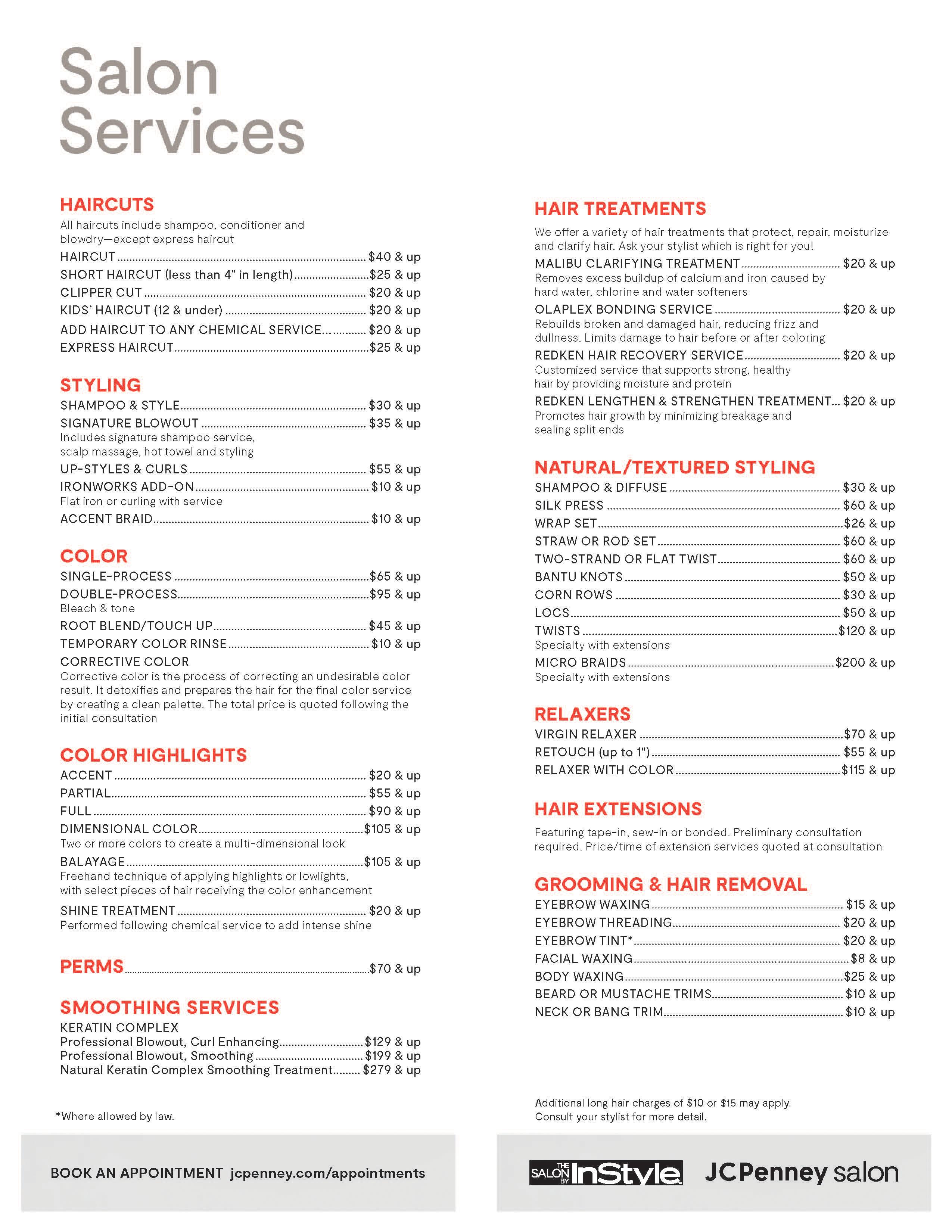 Salon Service Menu Service Prices Jcpenney