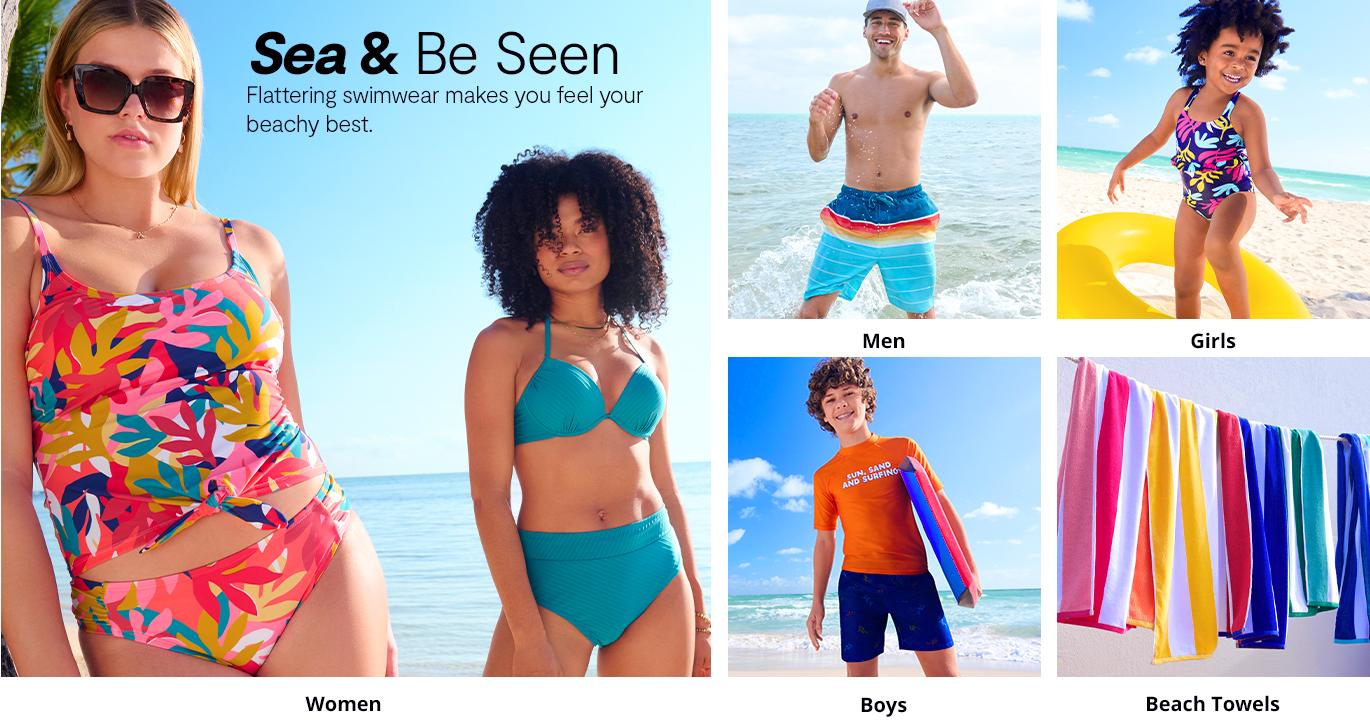 SEA & Be Seen Flattering swimwear makes you feel your beachy best.  women men girls boys beach towels