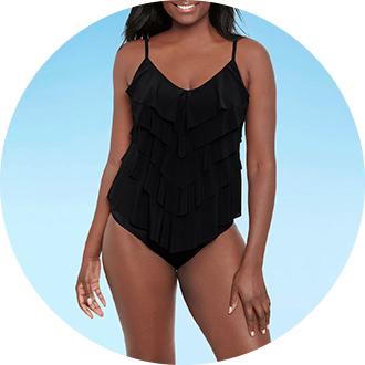 Swim Solutions SWIM SOLUTIONS Women's Black Floral Stretch Full Bust Support  TUMMY CONTROL Full Coverage Scoop Neck One Piece Swimsuit 26W