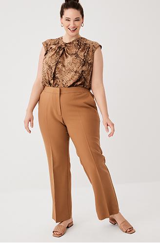 Trousers Straight through hip and widens from the thigh down.