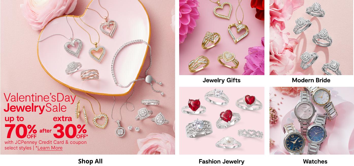 Valentine's Day Jewelry Sale up to 70% off + extra 30% off with JCPenney Credit Card & coupon select styles | *Learn More shop all jewelry gifts modern bride fashion jewelry watches