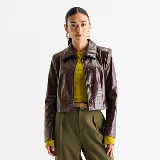 Worthington Womens Faux Leather Cropped Jacket